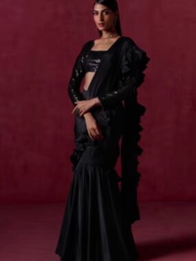 Black Ruffle Crepe Saree - Women
